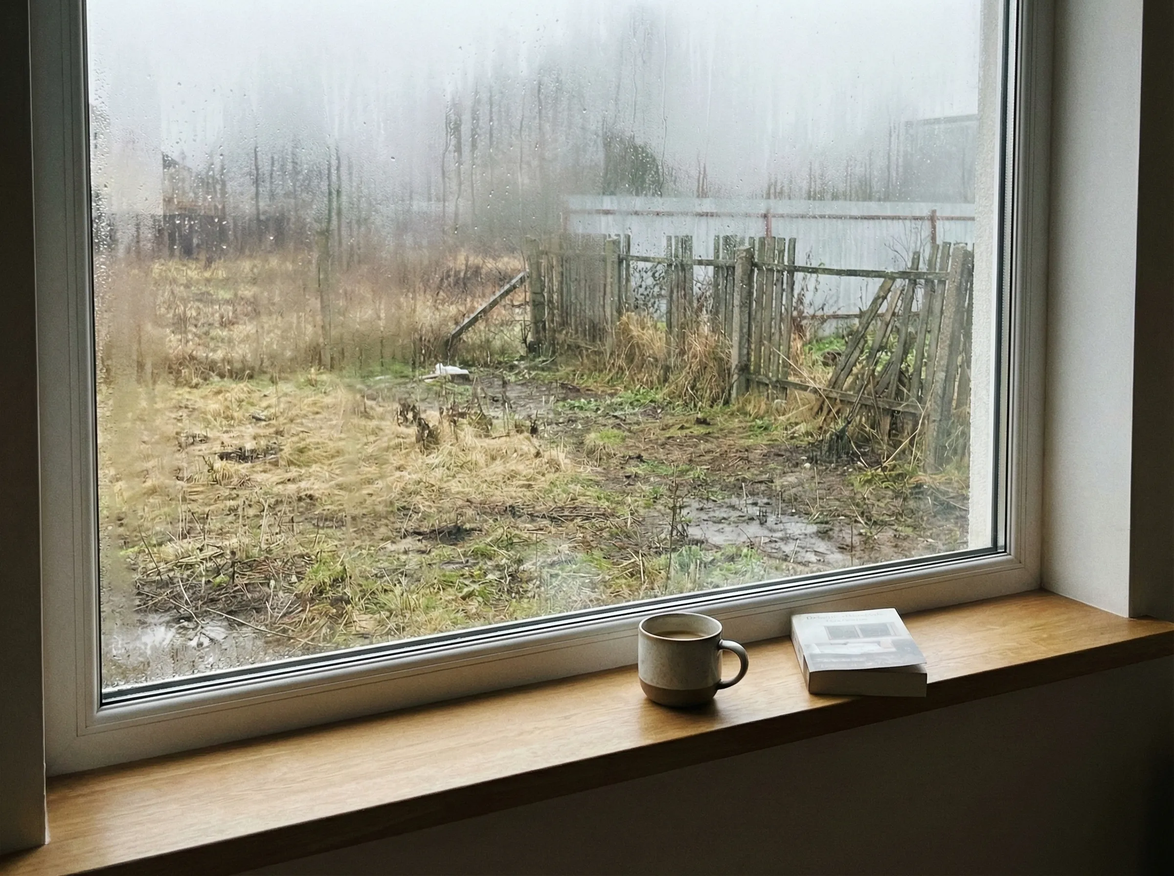Person looking out window at unkempt yard