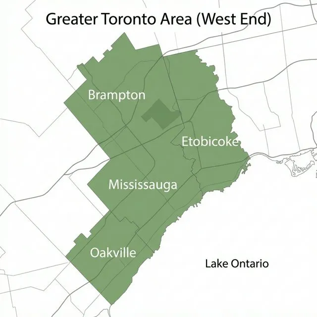 Map highlighting Etobicoke, Mississauga, Oakville, and Brampton service areas